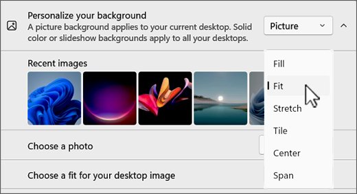 Desktop image fit dropdown listing Fill, Fit, Stretch, Tile, Center, Span