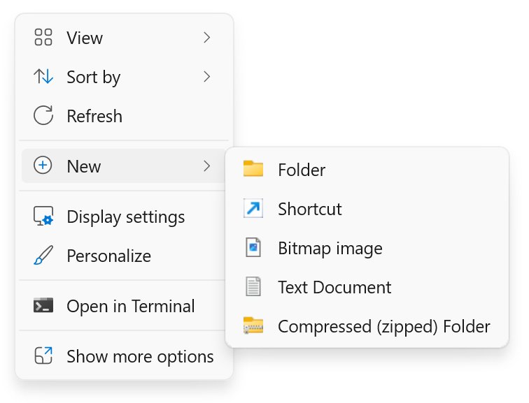 Desktop right-click New submenu with Shortcut and Folder options