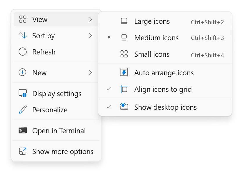Desktop right-click View submenu with Large, Medium and Small icon options