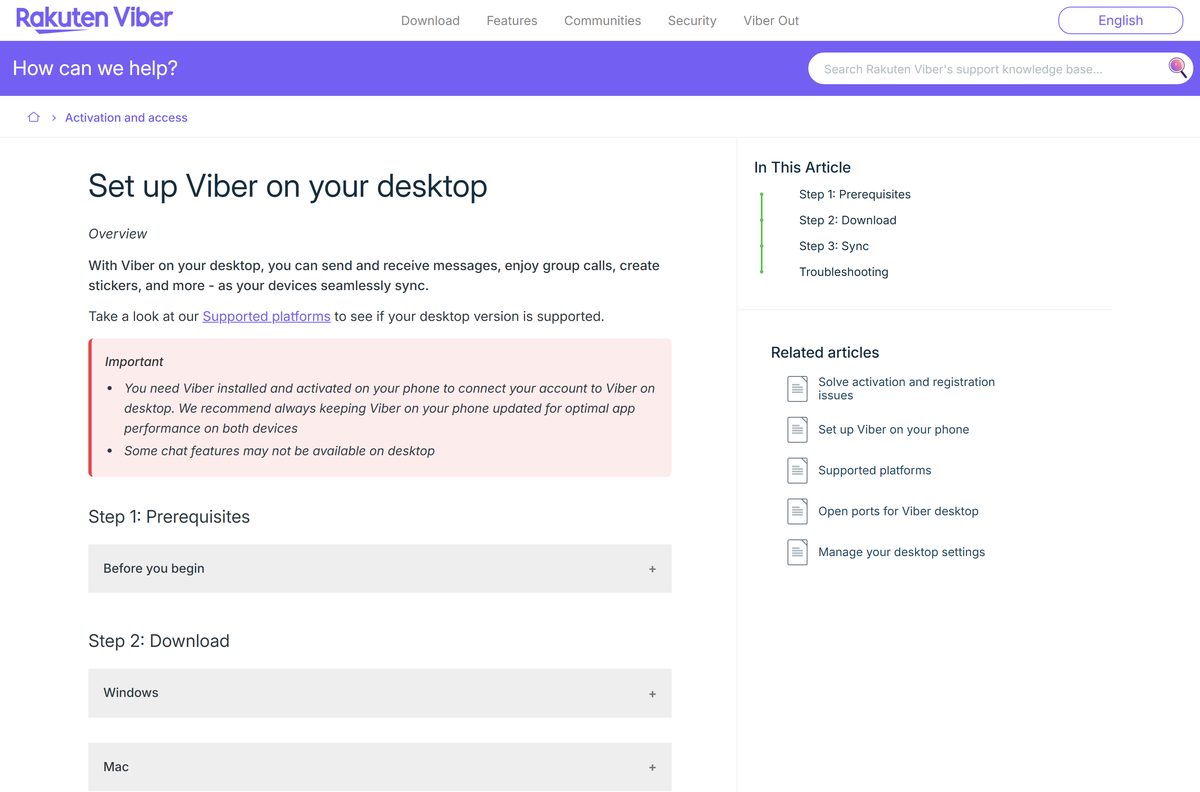 Support page describing desktop setup and the QR code sync step