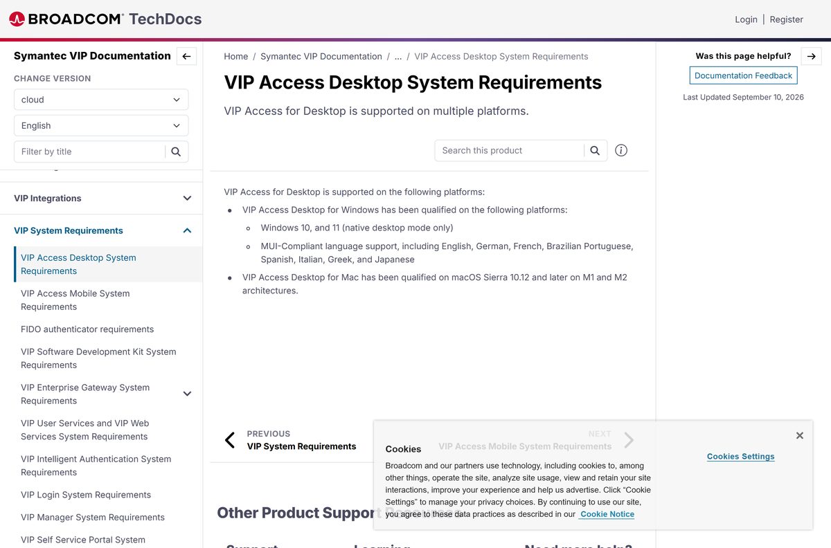 Broadcom techdocs page listing Symantec VIP Access desktop requirements