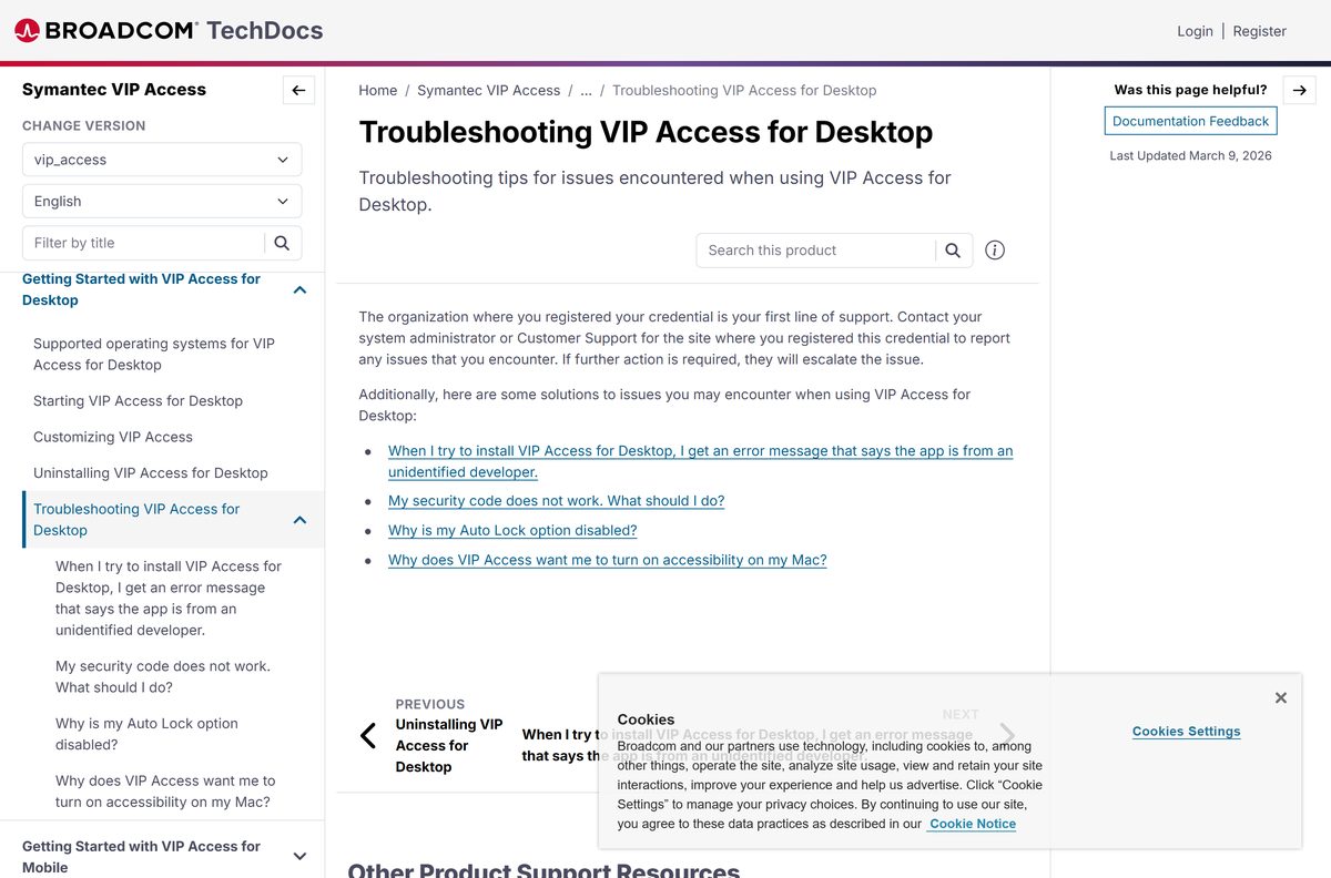 Broadcom troubleshooting page for Symantec VIP Access on desktop
