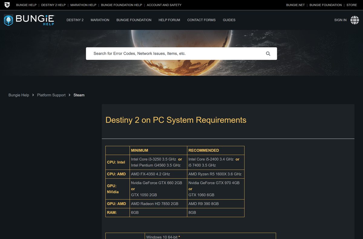 Bungie Help table of Destiny 2 minimum and recommended PC hardware