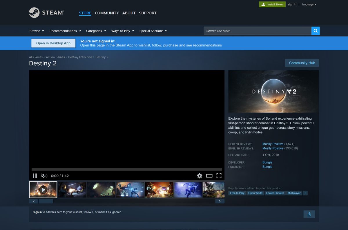 Steam store page for Destiny 2 with its free-to-play button