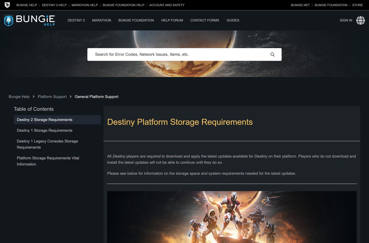 Bungie storage table showing Destiny 2 file sizes per platform
