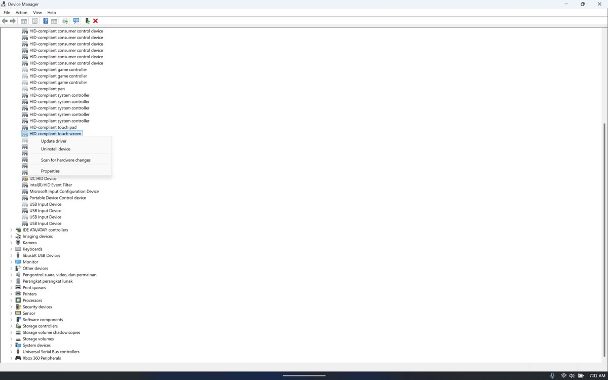 Device Manager context menu on HID-compliant touch screen with Update driver