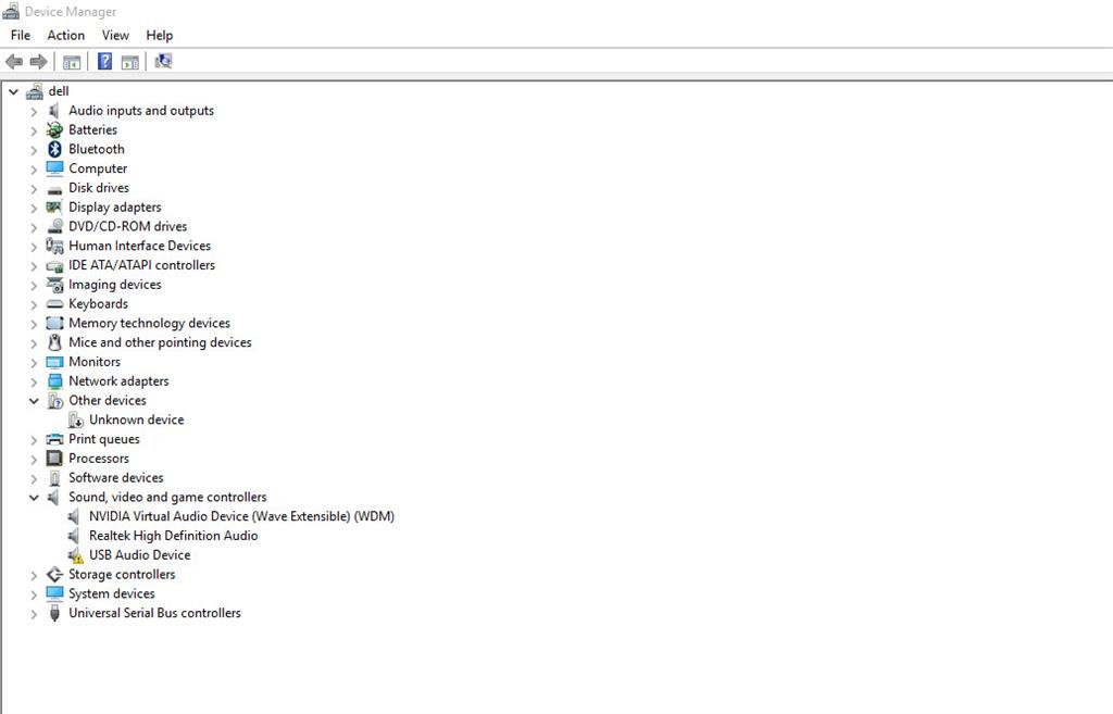 Device Manager tree with Unknown device shown under Other devices
