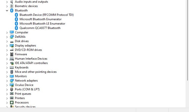 Device Manager tree with the Bluetooth category expanded to four entries
