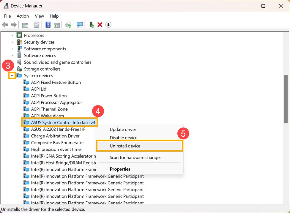 Device Manager with ASUS System Control Interface v3 right-click menu open, Uninstall device highlighted