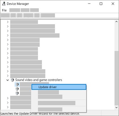 Device Manager with Sound, video and game controllers expanded and Update driver menu open
