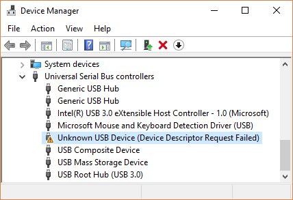 Device Manager with a warning icon on an unknown USB device