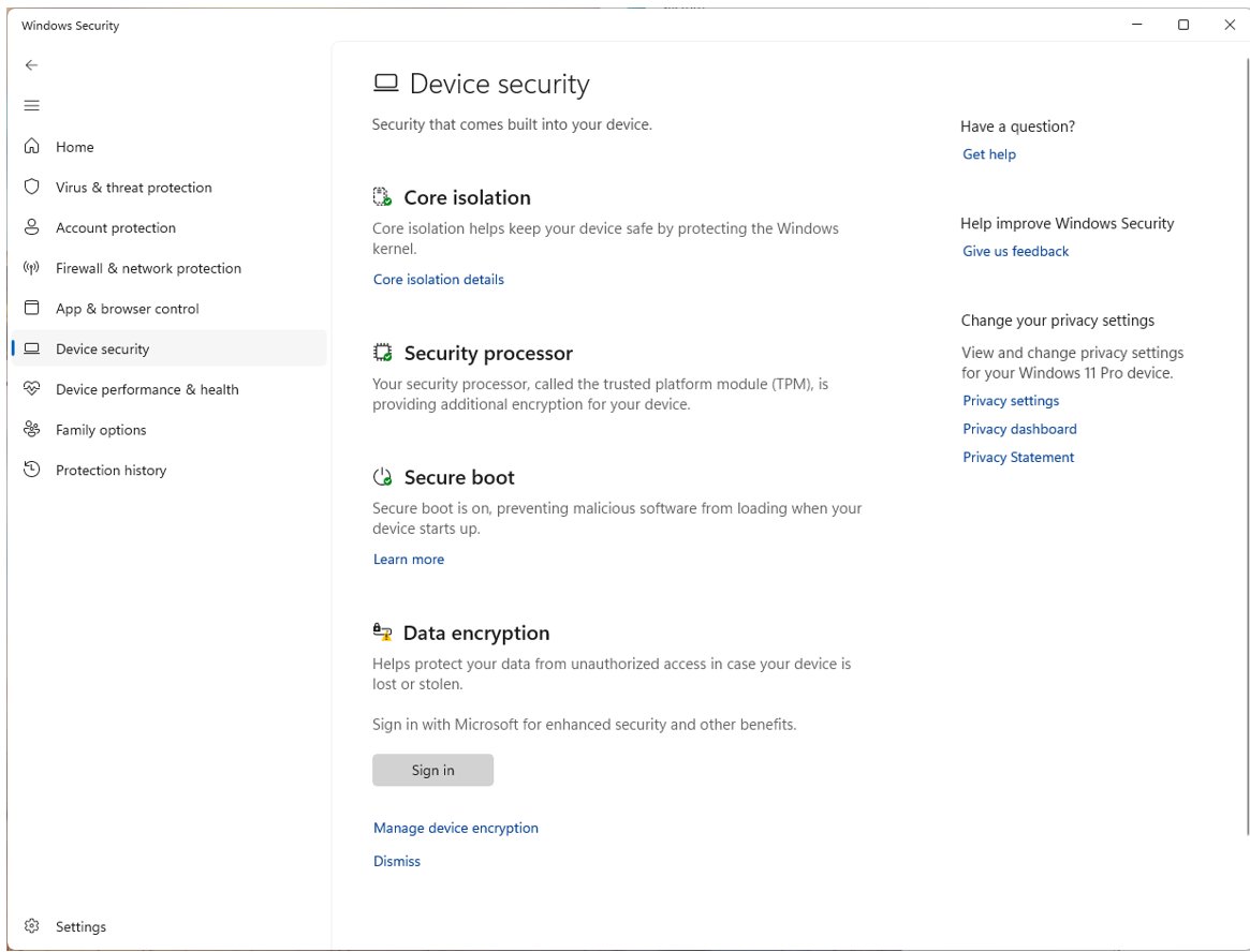 Device security page in Windows Security showing TPM and Secure Boot status
