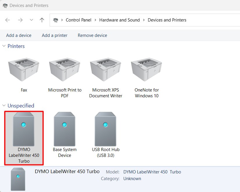 Devices and Printers window with the DYMO entry under Unspecified