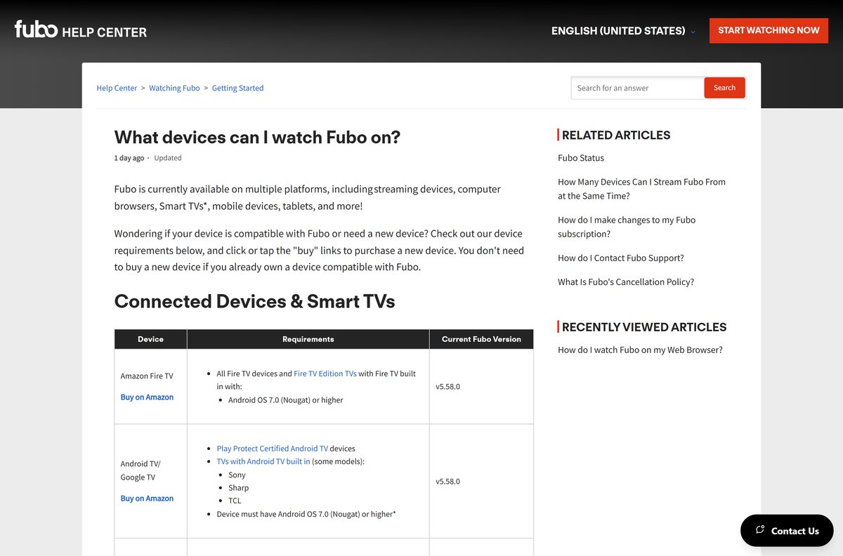 Fubo supported devices table with browser and TV requirements