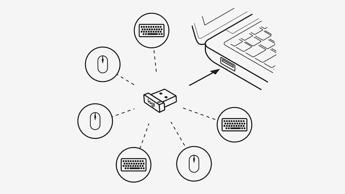 Diagram of a Unifying receiver linking six devices to one laptop port