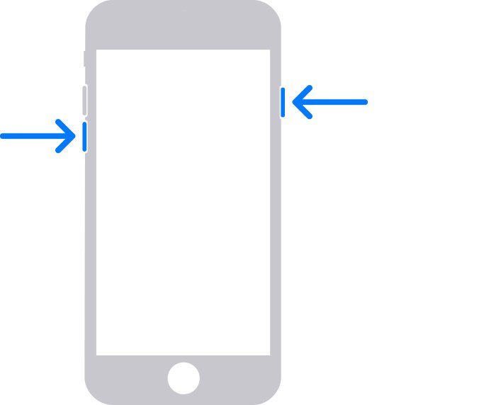 Diagram of iPhone 7 with arrows at the side and Volume Down buttons