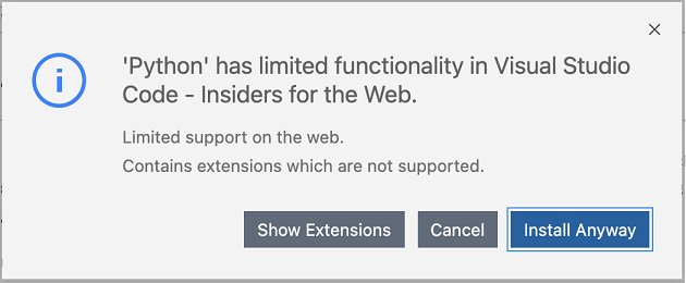 Dialog warning that the Python extension has limited functionality in the browser