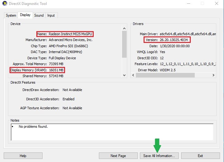 DirectX Diagnostic Tool Display tab showing GPU name and video memory