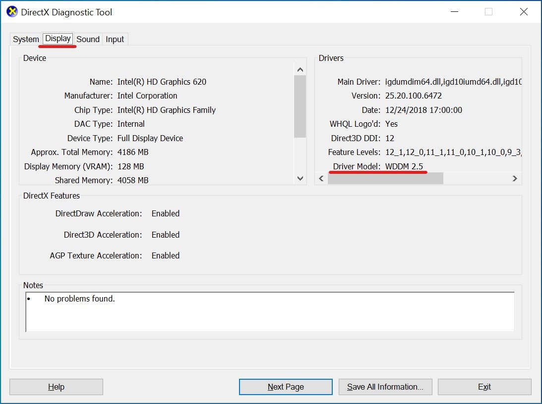 DirectX Diagnostic Tool Display tab with Driver Model field highlighted