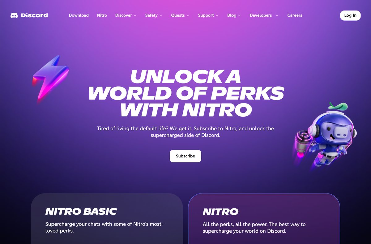 Discord Nitro page comparing the Basic and full subscription tiers
