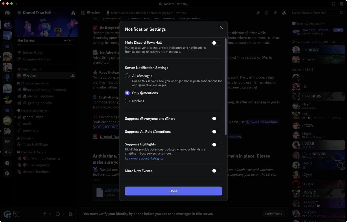 Discord Notification Settings menu with All Messages and Only mentions options
