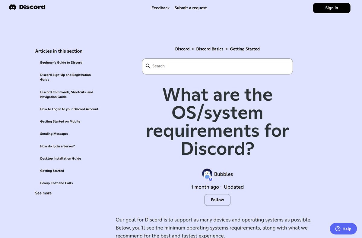Discord support table listing minimum Windows, Mac and Linux versions