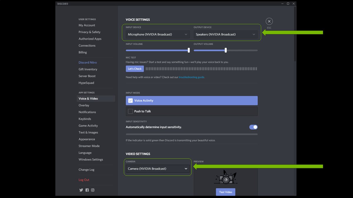 Discord Voice Settings with NVIDIA Broadcast microphone, speakers and camera selected