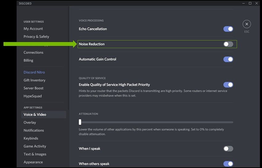 Discord Voice Settings with Noise Reduction toggle switched off