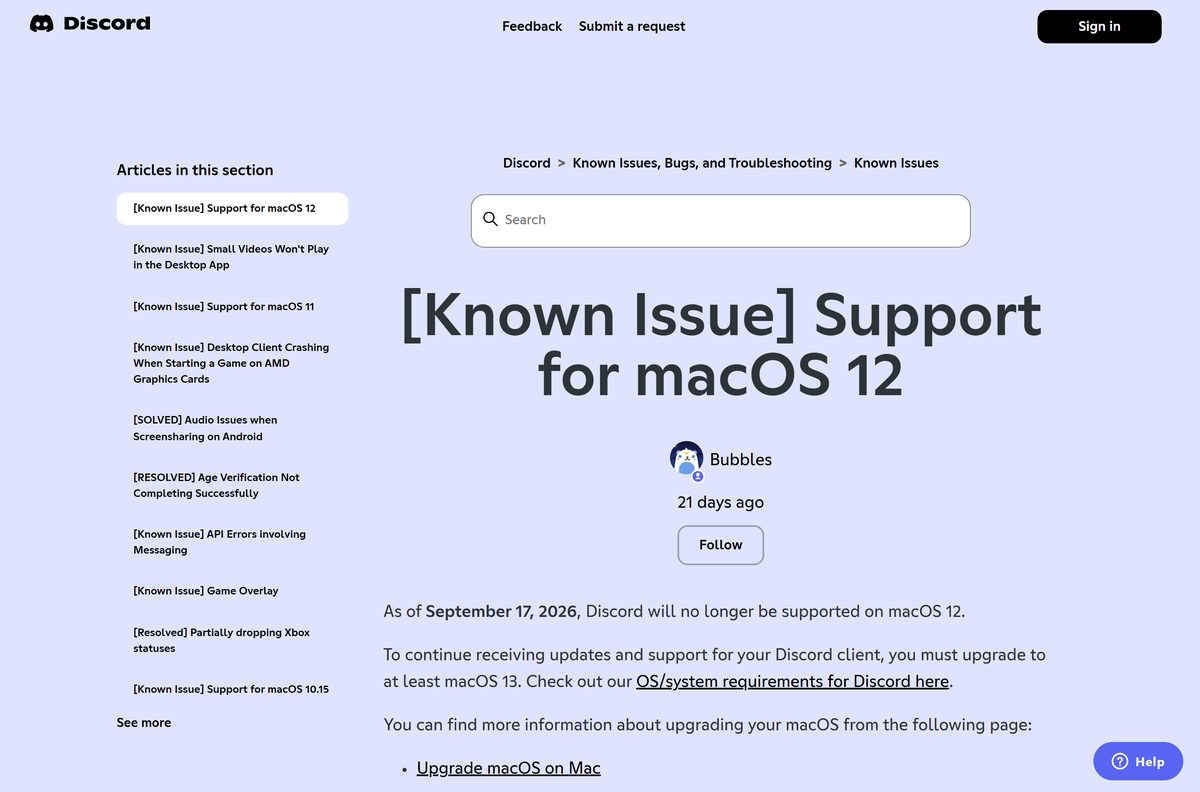 Discord notice announcing the end of macOS 12 support on 17 September 2026