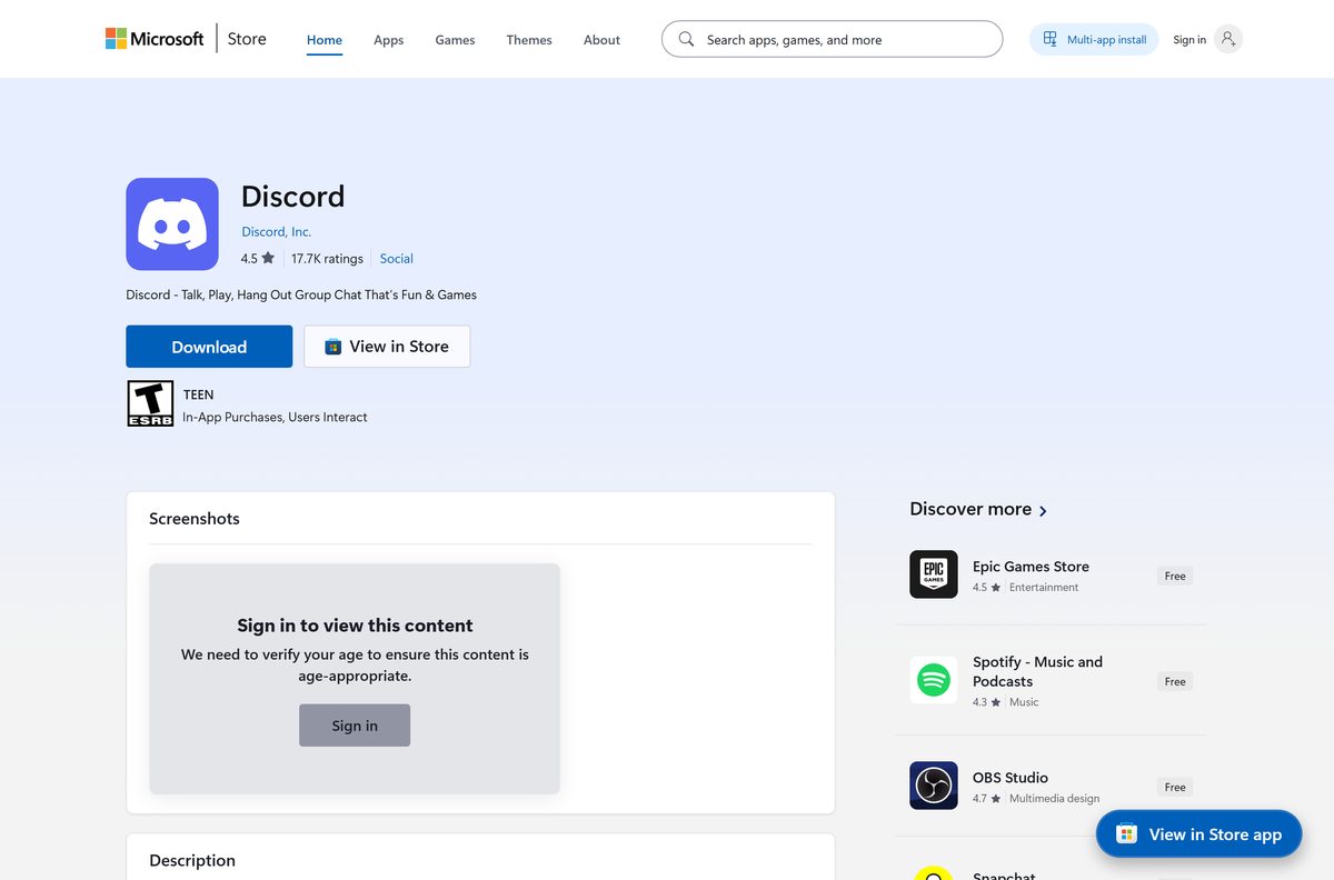 Microsoft Store listing for Discord with its publisher name and rating