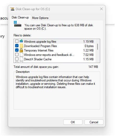 Disk Cleanup dialog listing Windows files ready to delete