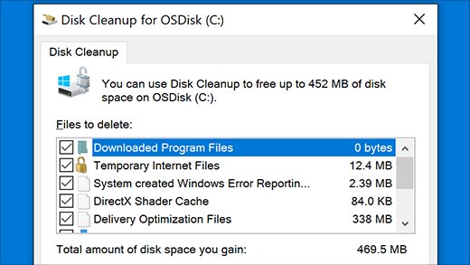 Disk Cleanup dialog listing temporary file categories to delete