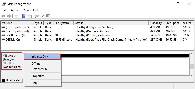 Disk Management right-click menu showing Initialize Disk for an unformatted disk
