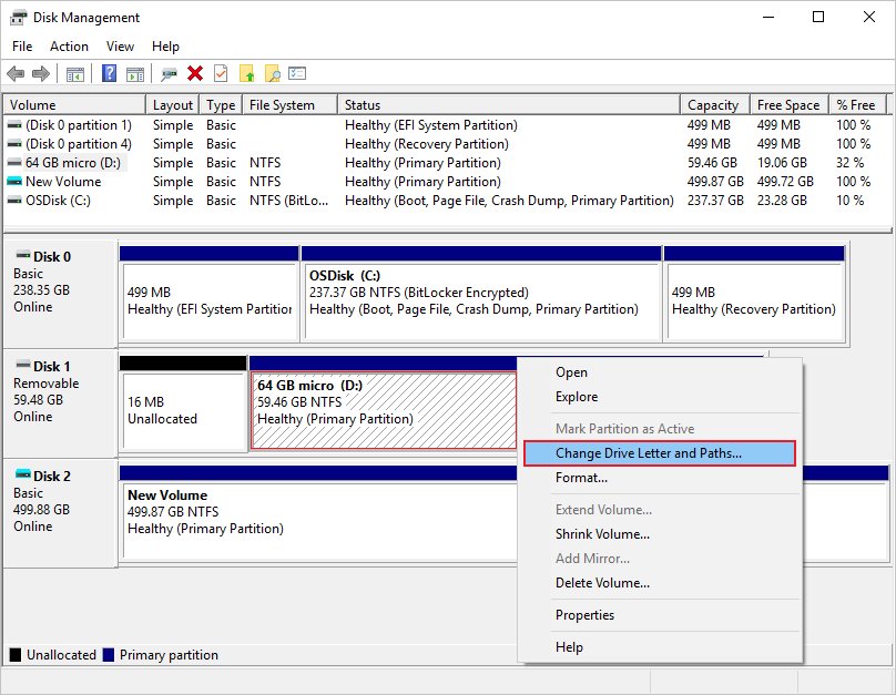 Disk Management right-click menu with Change Drive Letter and Paths highlighted
