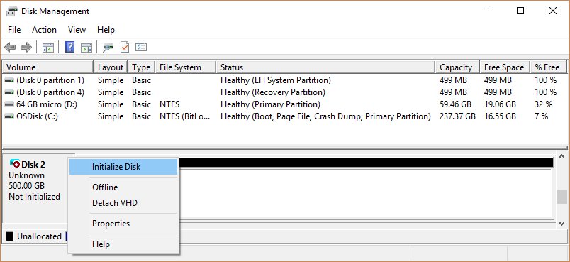 Disk Management showing an unknown 500 GB disk marked Not Initialized