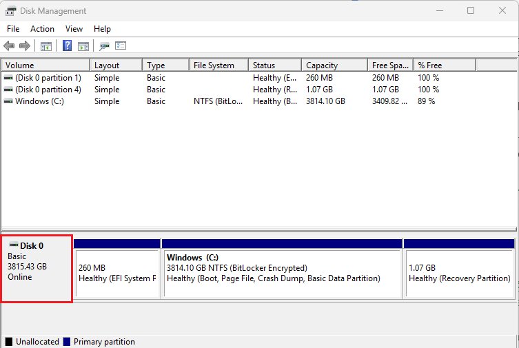 Disk Management window highlighting Disk 0 with an EFI System Partition