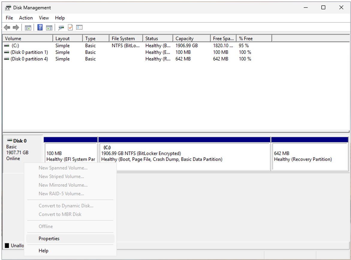 Disk Management window with the disk's right-click menu and Properties highlighted