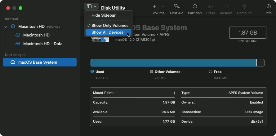 Disk Utility View menu with Show All Devices option highlighted
