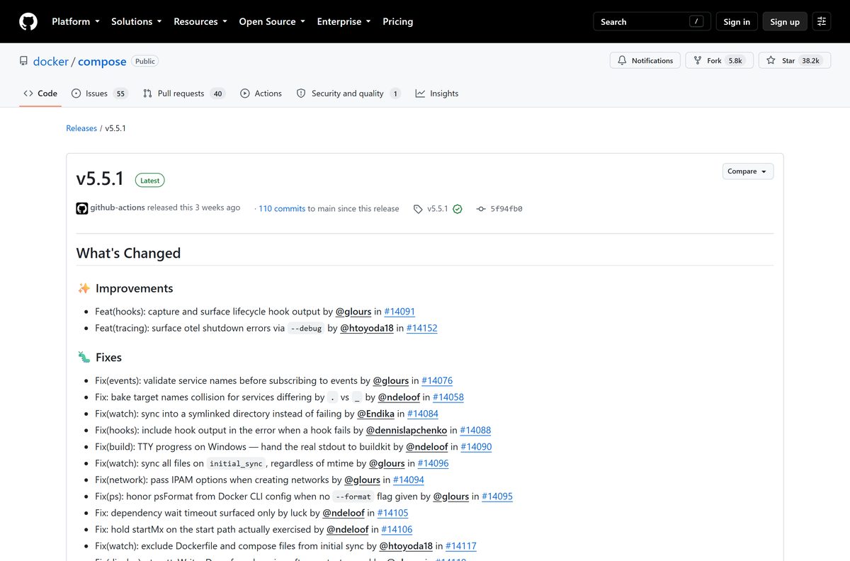 GitHub release page listing Docker Compose binaries alongside their checksum files