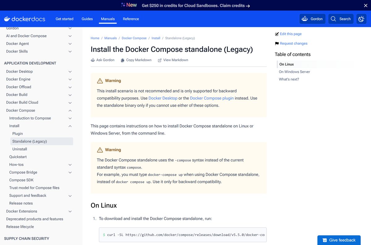 Standalone install page with the Windows Server PowerShell download command