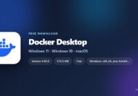 Docker Desktop logo with version, download size and supported systems