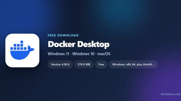 Docker Desktop logo with version, download size and supported systems
