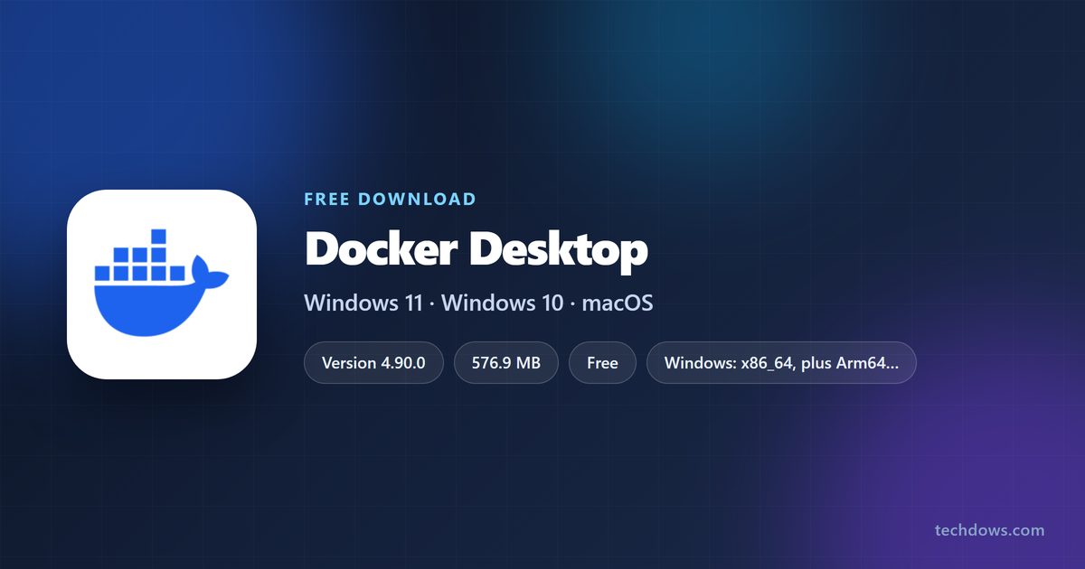 Docker Desktop logo with version, download size and supported systems