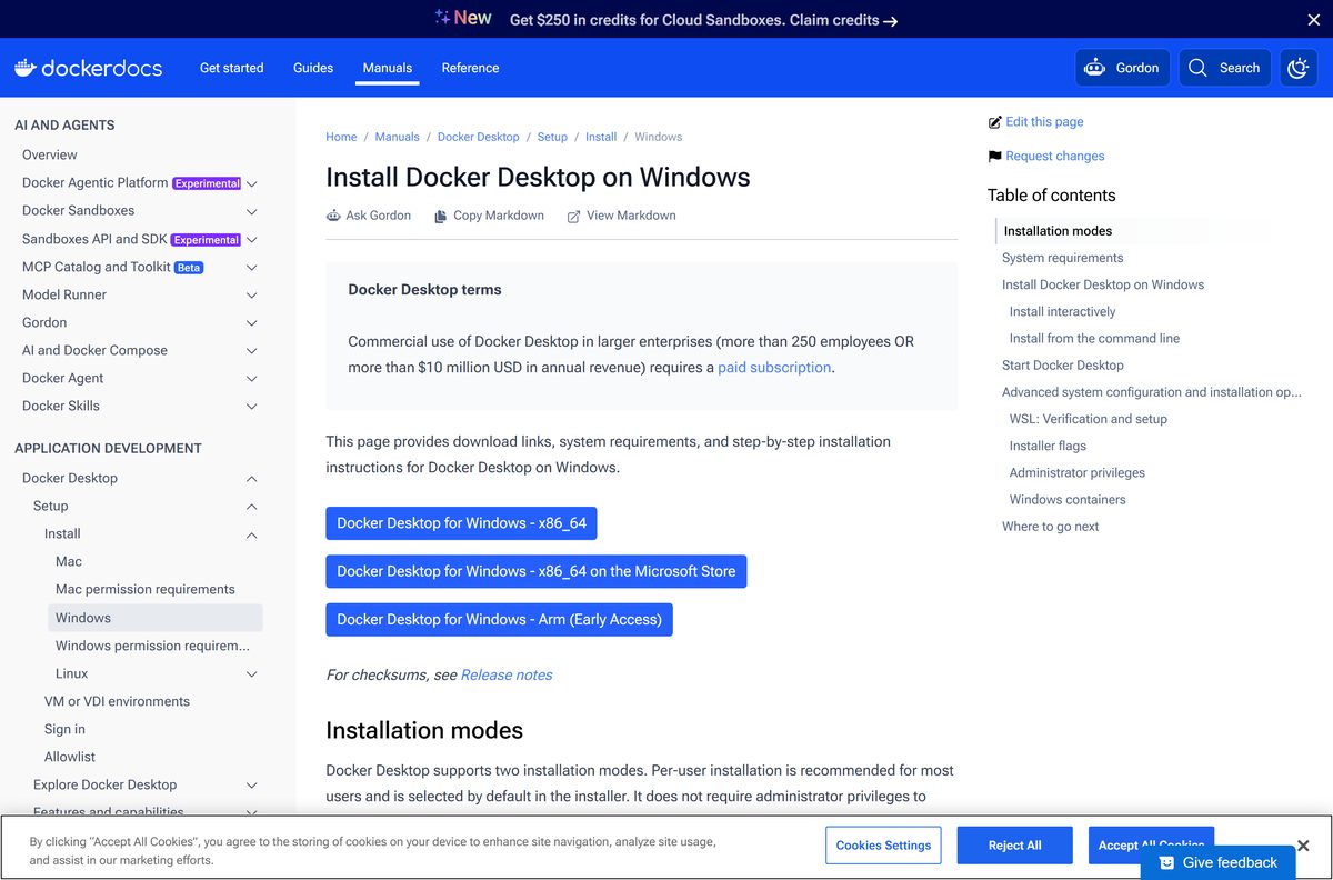Windows install guide showing installer download buttons and the system requirements