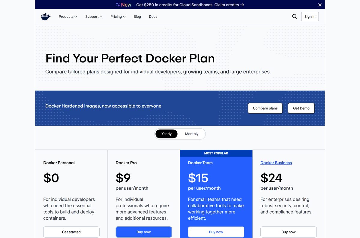 Docker pricing page comparing the Personal, Pro, Team and Business plans
