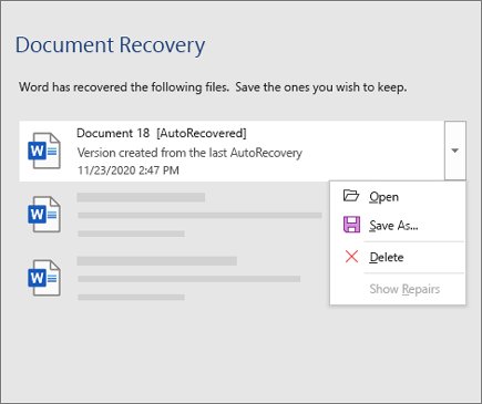 Document Recovery pane listing an AutoRecovered file with its dropdown menu open