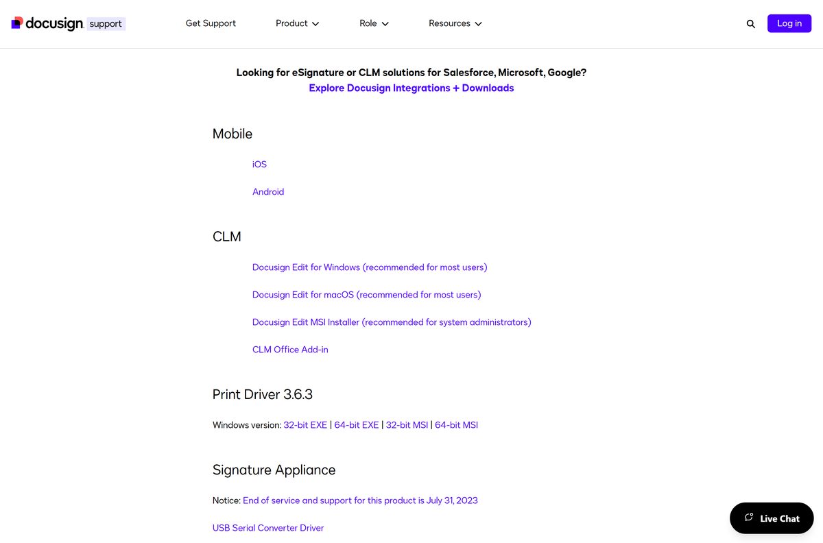 Official downloads page listing mobile apps, CLM tools and drivers