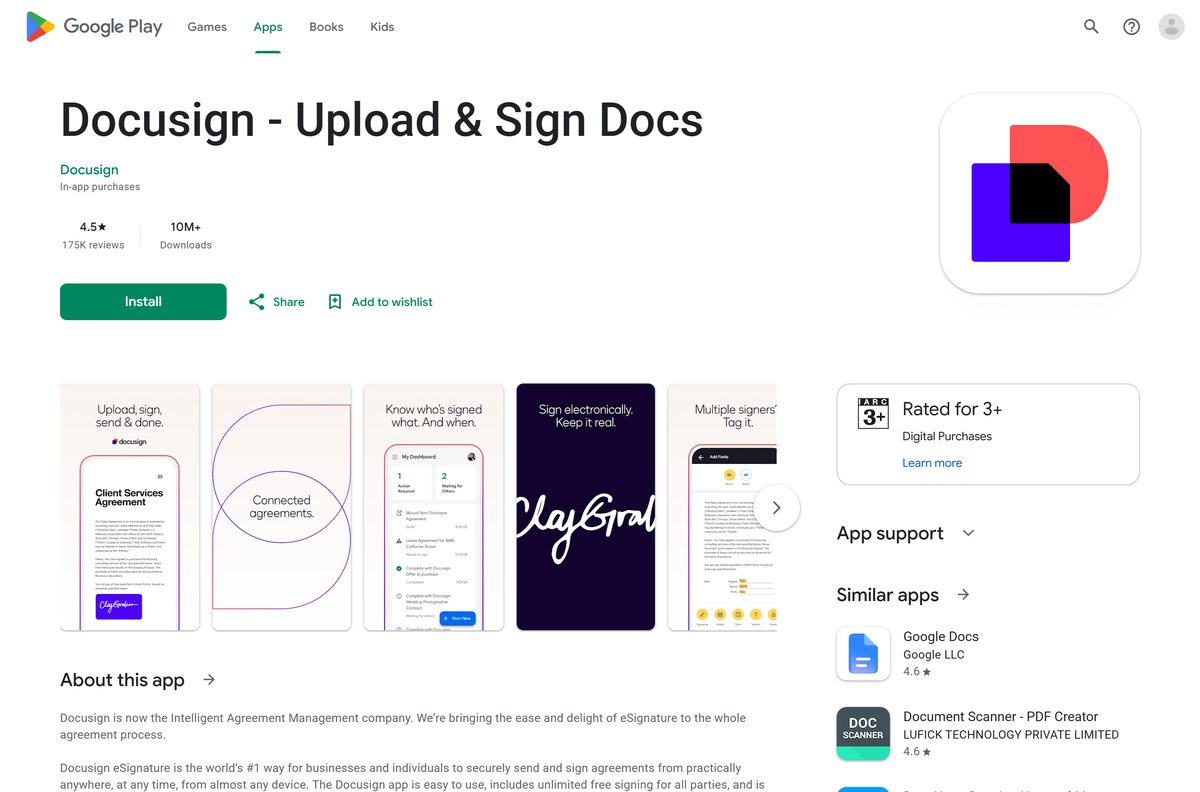 Google Play listing for Docusign with its rating and download count