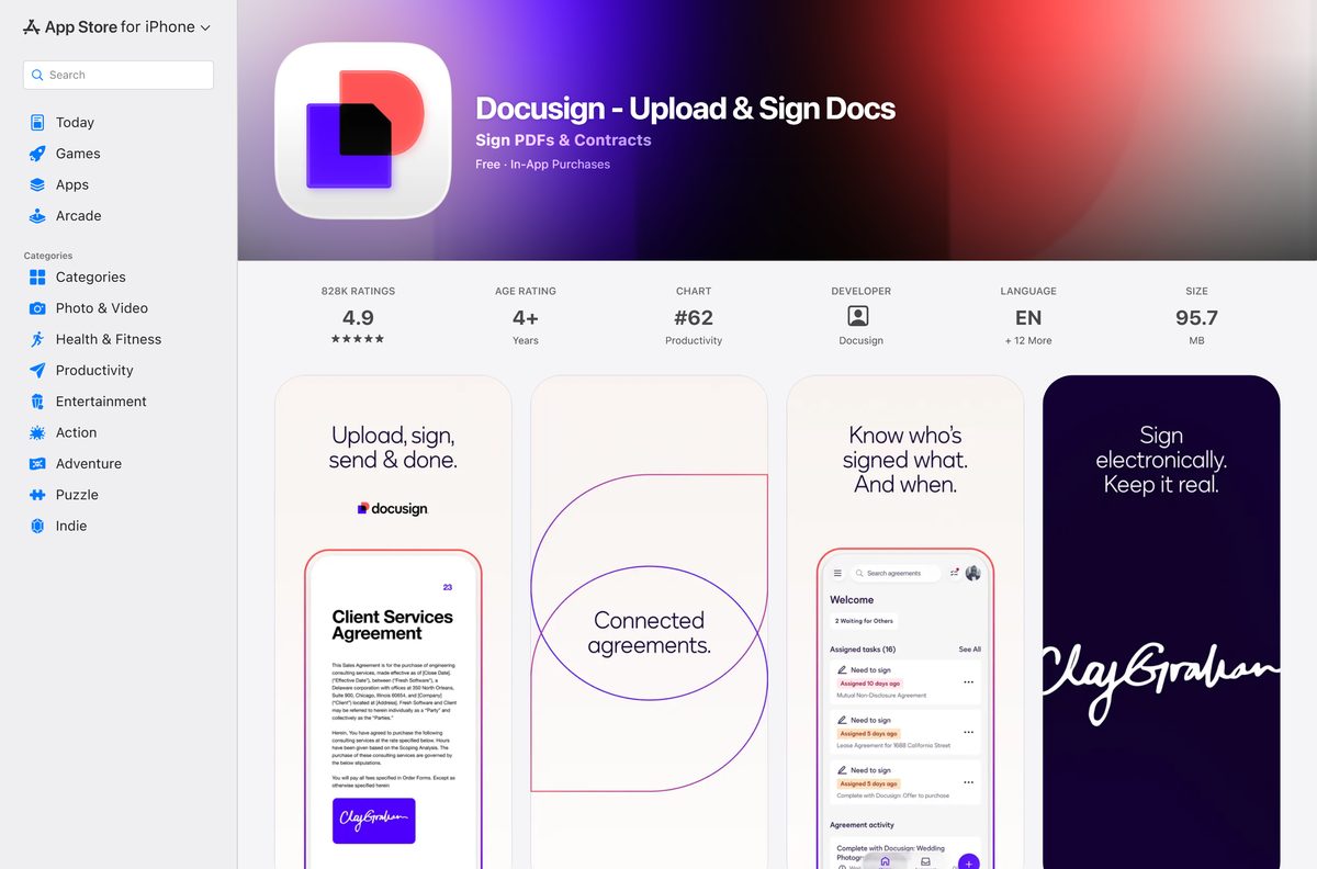 App Store listing for Docusign showing size and compatibility