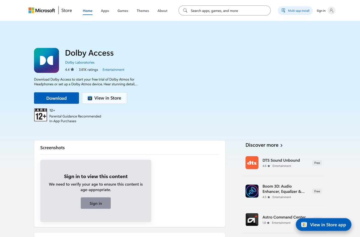 Microsoft Store listing for Dolby Access with its publisher and rating